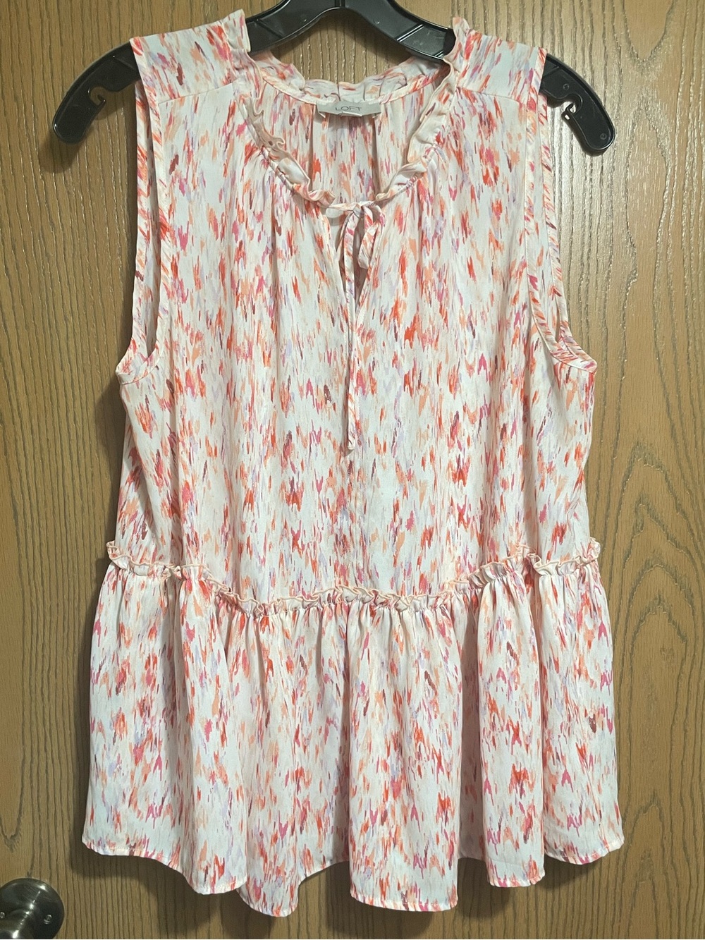 LOFT Sleeveless Blouse in Coral Pink & Cream with a Ruffled Tie-Neck